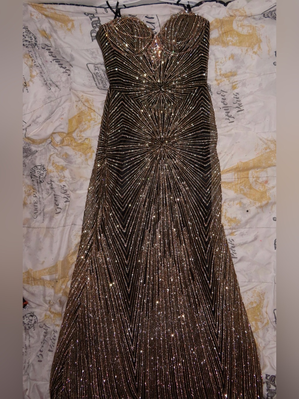 Strapless Gold Sequin Evening Gown etc.